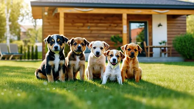lot of of exuberant puppies running bounding across green grass with warm home in the background, puppy Day, family, having fun, puppy playtime joy