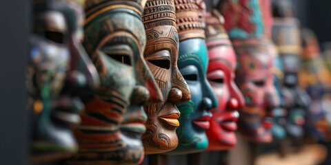 Handcrafted masks are displayed vibrantly, showcasing the intricate artistry and cultural significance of each piece, distinguished by varied colors and detailed patterns.