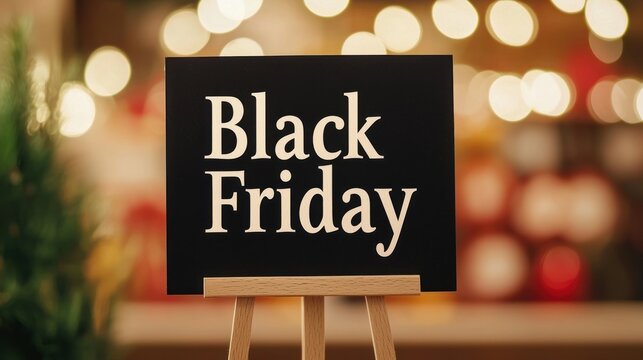 Elegant "Black Friday" calligraphy overlaid on a blurred background of holiday decorations and sale signs, festive and upscale retail environment.