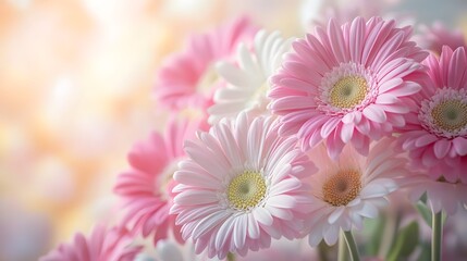 Fototapeta premium Bouquet of pink and white gerbera daisies, soft pastel background, dreamy romantic atmosphere on left side, gentle sunlight flare, shallow depth of field, macro floral photography.