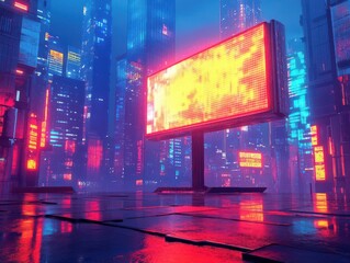 Neon cityscape with a giant glowing billboard at night.