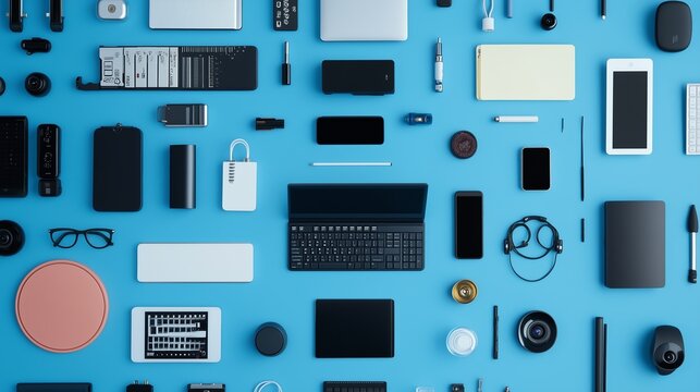 A flat lay of various tech gadgets and office supplies arranged on a blue background, showcasing modern devices and accessories