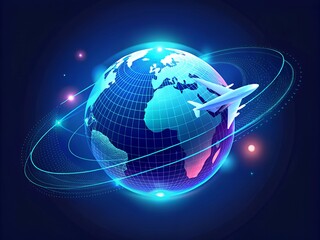 Global business concept: digital network of continents on a blue globe with a compass and airplane  3D illustration of a blue globe with a white airplane flying around it, representing global business
