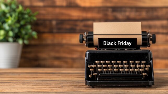  "Black Friday" text in a classic typewriter font on a vintage paper texture with a nostalgic shopping catalog background, retro retail nostalgia.
