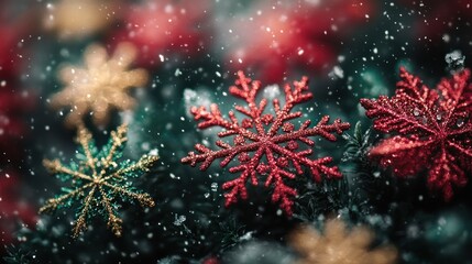 Red and green snowflakes gently swirling in the Christmas night air, creating a serene scene with ample copy space .