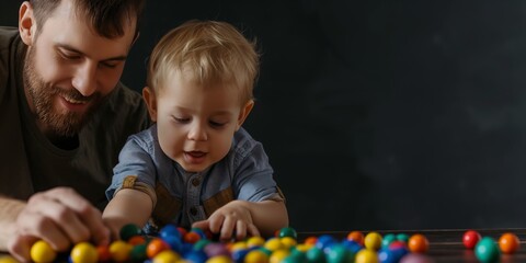 Naklejka premium A heartwarming scene of a father and his young son playing with colorful toy balls, highlighting the bond and joy shared between parent and child in a playful environment.