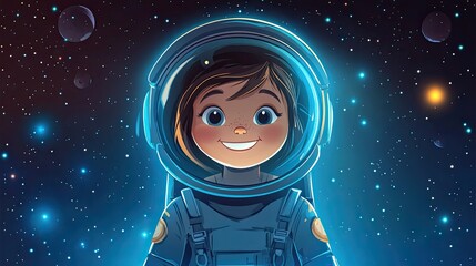 Happy little girl astronaut in space wearing helmet and astronaut suit, cartoon illustration. Kid cosmonaut, universe cosmos galaxy exploration adventure. 