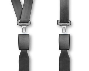 Two black seat belts with a silver buckle