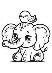 Elephant with cute bird children coloring page 