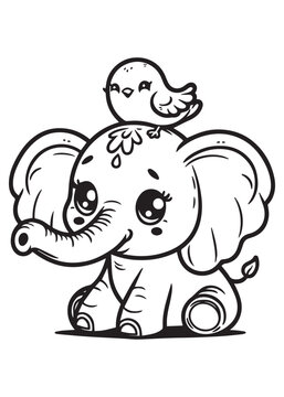 Naklejki Elephant with cute bird children coloring page 