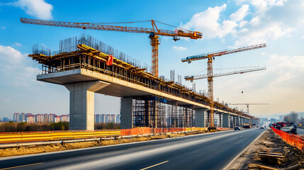 bridge under construction, with cranes lifting large sections into place above the road