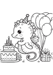 Seahorse birthday with balloons kid coloring page 