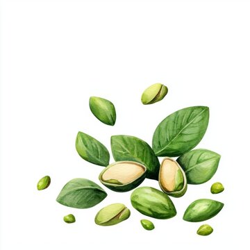 watercolor pistachios and green leaves clip art preview