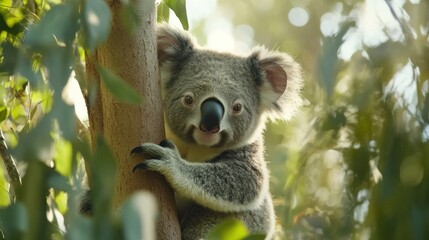 Fototapeta premium Koala Bear Hugging a Tree Trunk