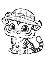Tiger wearing hat children coloring design 