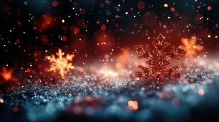 Red and green snowflakes twinkling in the night air, creating a festive Christmas scene with space for copy.