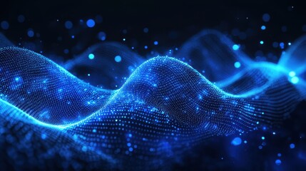 Abstract Blue Digital Wave Background with Glowing Particles and Bokeh Lights.