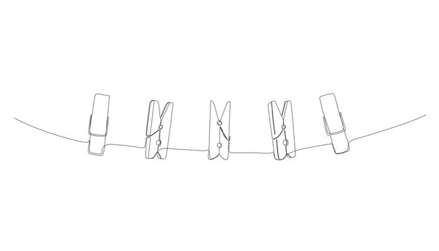 Clothesline one continuous line illustration. Laundry, clothespin doodle illustration