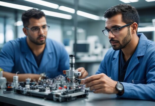 Two scientists discussing and assembling components for a robotics project in a modern laboratory.