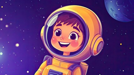 Fototapeta premium Happy little girl astronaut in space wearing helmet and astronaut suit, cartoon illustration. Kid cosmonaut, universe cosmos galaxy exploration adventure. 