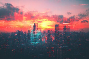 Fototapeta premium A glitch art cityscape at sunset with digital distortion and pixel noise