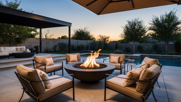 A beautifully designed modern outdoor patio featuring a cozy fire pit and comfortable seating arrangements, perfect for social gatherings or relaxing evenings under a shaded area.