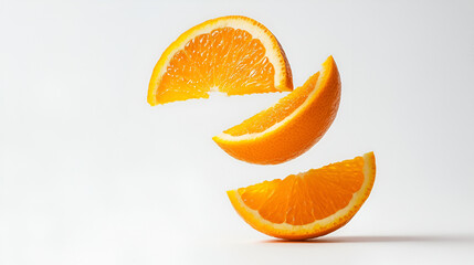 Falling orange and orange slices on a white background.