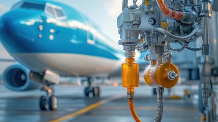 Close-up of Sustainable Aviation Fuel being pumped into an aircraft