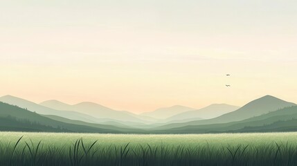 Tranquil Mountain Landscape with Green Field and Soft Pastel Sky - Digital Illustration.