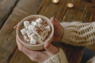A woman's hand hold cocoa z marshmallow stands on a table in a coffee shop. 