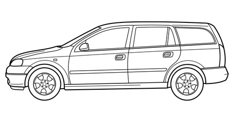 classic station wagon. Different five view shot - front, rear, side and 3d. Outline doodle vector illustration