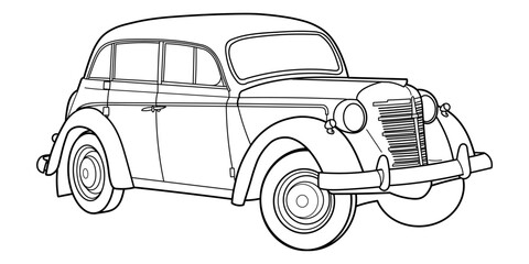 Classic retro car of 50s, 60s. Front and Side 3d view. Outline doodle vector illustration. Automotive concept in vintage sketch style