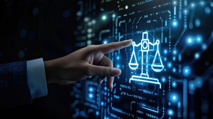 Hand Interacting with a Justice Icon on a Digital Interface