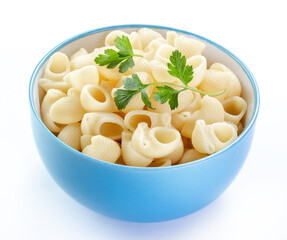 pasta, boiled maccheroni in light blue ceramic bowl isolated white background 