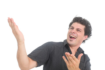 cheerful young man pointing on copy space with confidence on isolated white background
