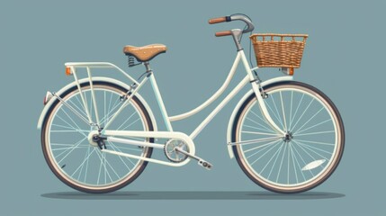 A white bicycle with a brown basket and leather seat against a blue background in a simple, playful cartoon style, emphasizing clean lines and practical details. The image radiates calmness.