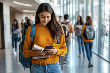 Student holding mobile phone and books walks down a corridor, with other students in the background, capturing the essence of modern education in a super-realistic image.