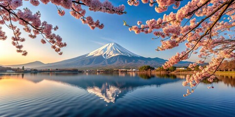 Fototapeta premium Japanese cherry sakura blossoms in full bloom with Mount Fuji reflected in calm waters, landscape, cherry blossoms, Mount Fuji, tranquil, nature, scenery,Japan, beautiful, traditional, beauty