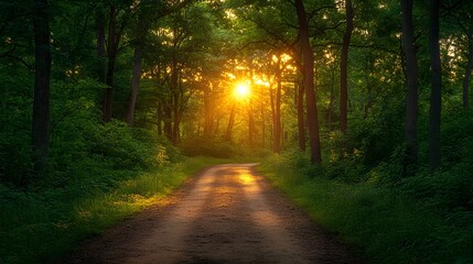 Fototapeta premium Sunlit forest path, bright woodland trail, dappled sunlight, lush green canopy, dirt road through trees, golden hour illumination, vibrant foliage, nature photography.