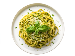 Overhead shot of pesto pasta Linguini on on a plate isolated on transparent background