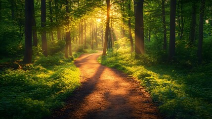 Fototapeta premium Sunlit forest path, bright woodland trail, dappled sunlight, lush green canopy, dirt road through trees, golden hour illumination, vibrant foliage, nature photography.