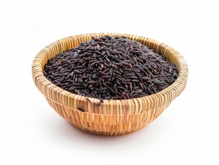 A bamboo bowl filled with black rice on a white background