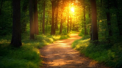 Fototapeta premium Sunlit forest path, bright woodland trail, dappled sunlight, lush green canopy, dirt road through trees, golden hour illumination, vibrant foliage, nature photography.