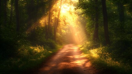 Obraz premium Sunlit forest path, bright woodland trail, dappled sunlight, lush green canopy, dirt road through trees, golden hour illumination, vibrant foliage, nature photography.