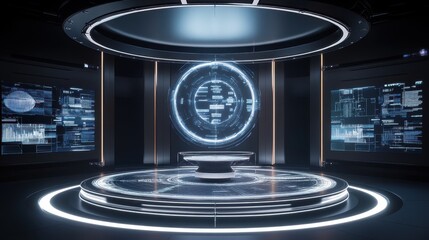 Futuristic Sci-Fi Interior Design with Holographic Display and Circular Platform.