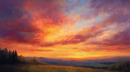 Obraz premium Oil painting depicting a sunset scene with vibrant colors and dramatic skies showcasing a serene landscape with natural beauty