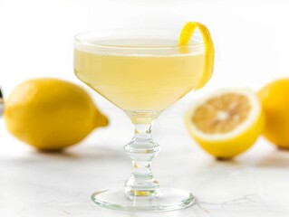 A bees knees cocktail in a coupe glass with a lemon twist on a white background
