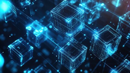 Abstract Blue Glowing Cubes in Digital Space - Futuristic Technology Background.