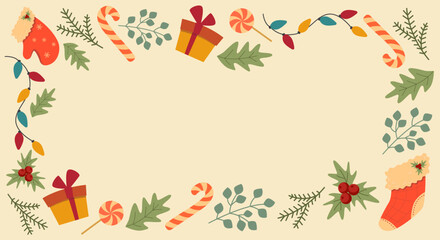 Vector horizontal banner with Christmas decorations elements. Winter holiday frame with holly branches, sweets and gifts. Festive border with mittens and stockings.