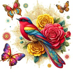 Obraz premium Bluebird on blooming hellebore pink flower watercolor illustration. Eastern sialia bird with tender spring flowers and green leaves. Realistic floral spring image Isolated on the white background